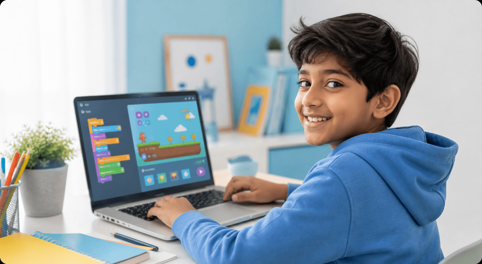 A young student building a colorful coding game on a laptop